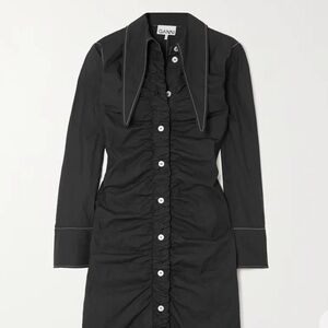 Ganni black ruched poplin shirt button down midi dress with lapels